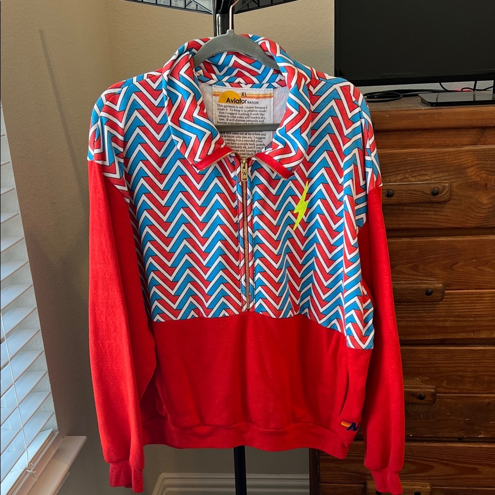 Aviator Nation Red Blue Chevron Zip Pullover with Lightning Logo